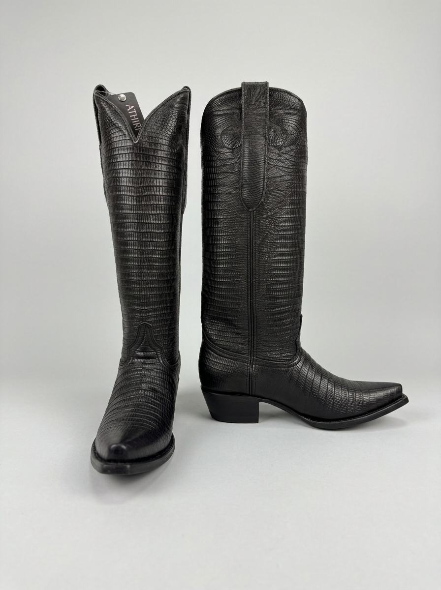 Lizard-embossed black leather western boots — pair display photo
