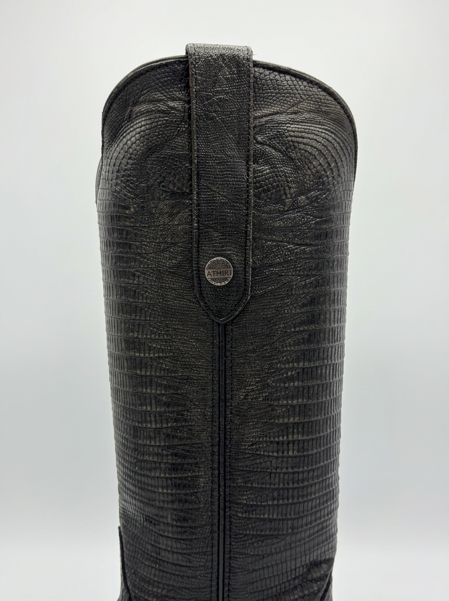 Lizard-embossed black leather western boot — shaft detail