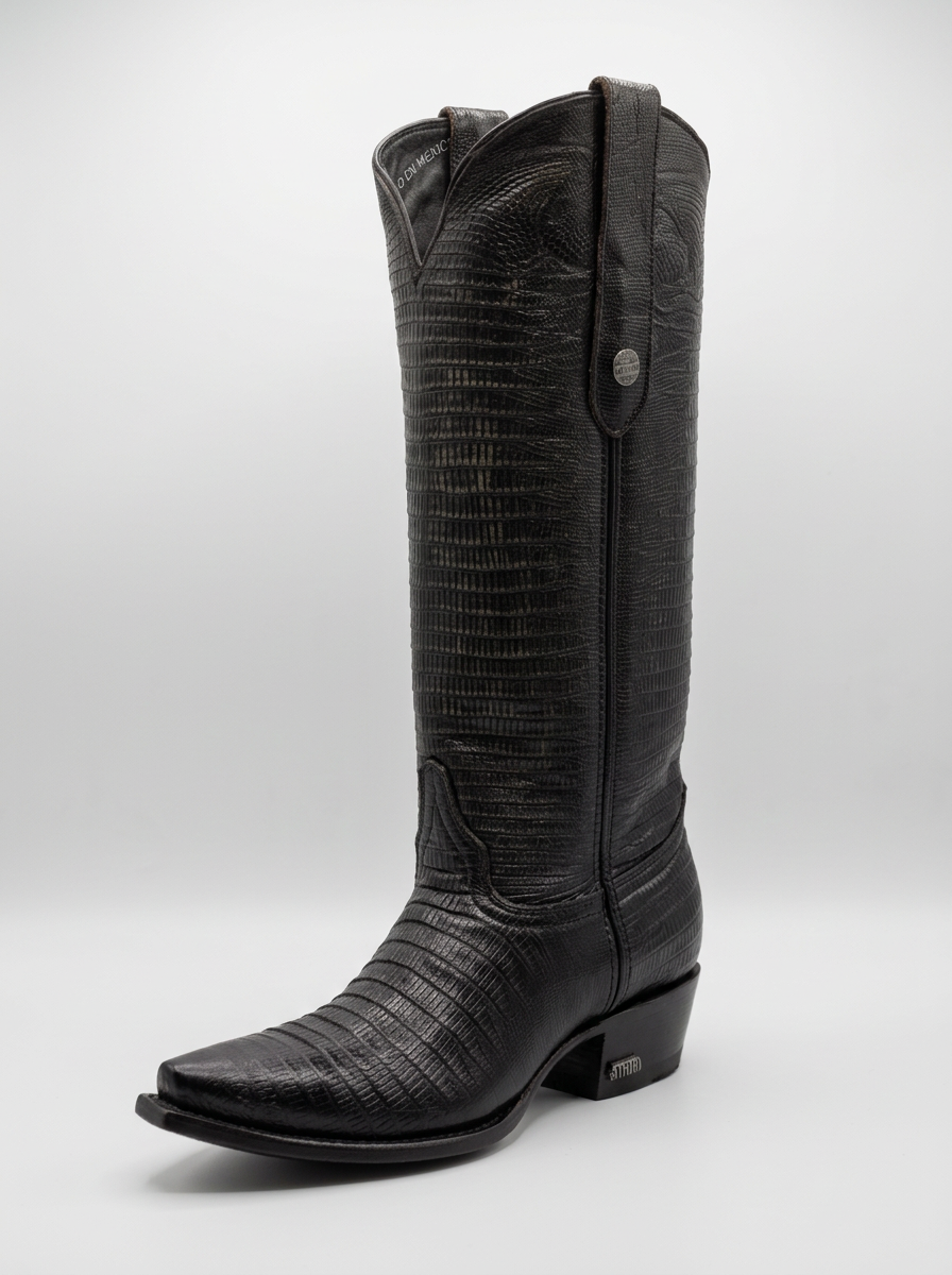 Lizard-embossed black leather western boot — side view
