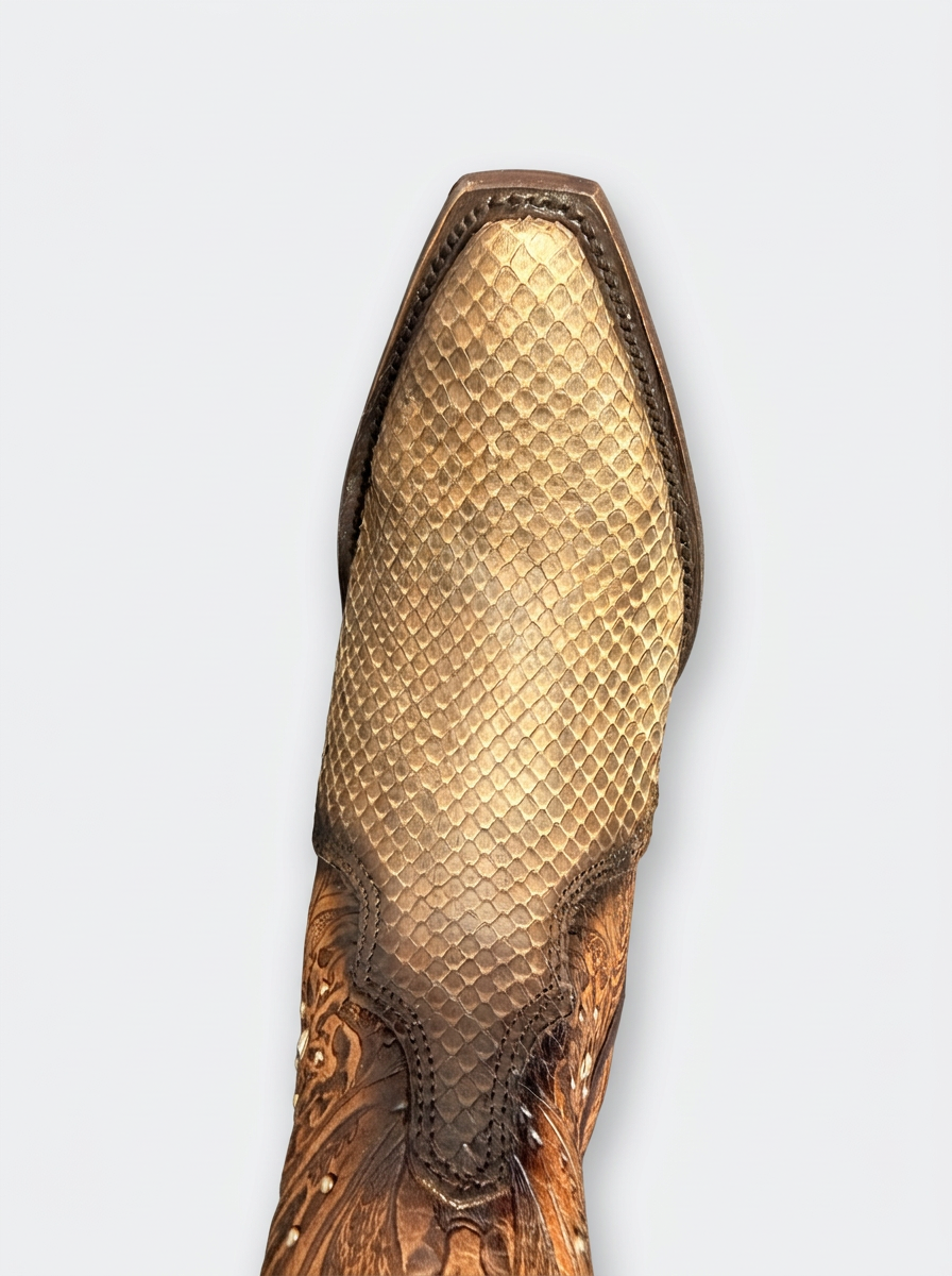 Chiseled Python Exotic Boot — Tobacco — toe detail
